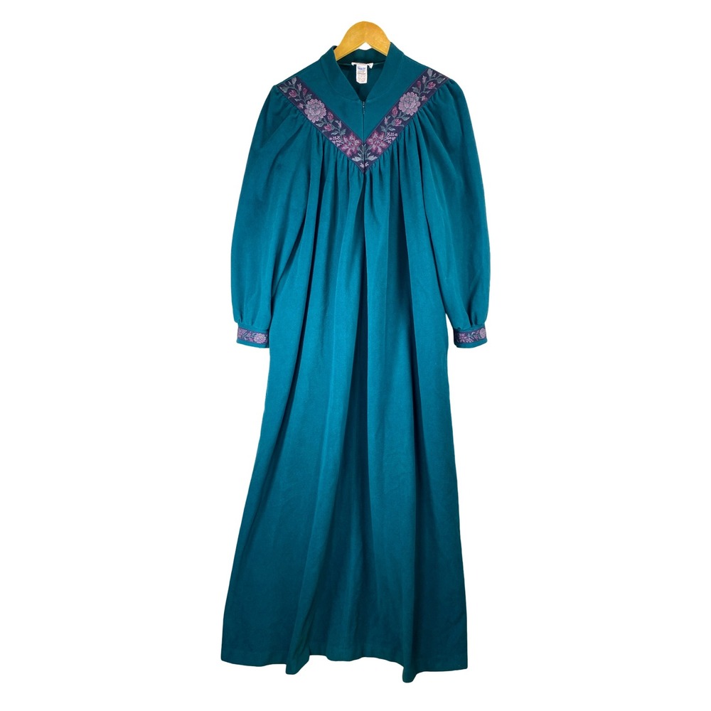 Vintage Vanity Fair Teal Blue Fleece Zip Long Robe Embroidery Tapestry Womens M